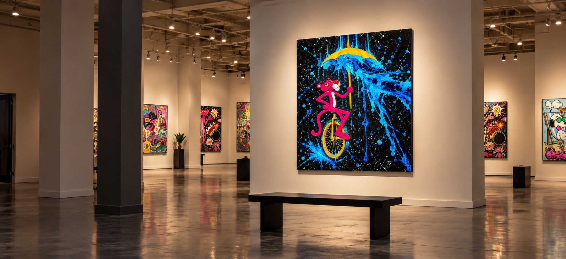 Una recreación de las obras de Lester Javier en una sala de exposición